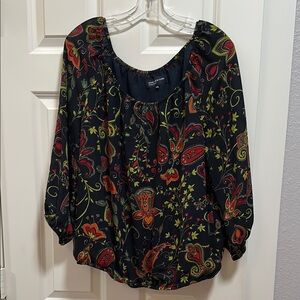 Jones New York Navy Floral-Patterned Long Sleeve Blouse